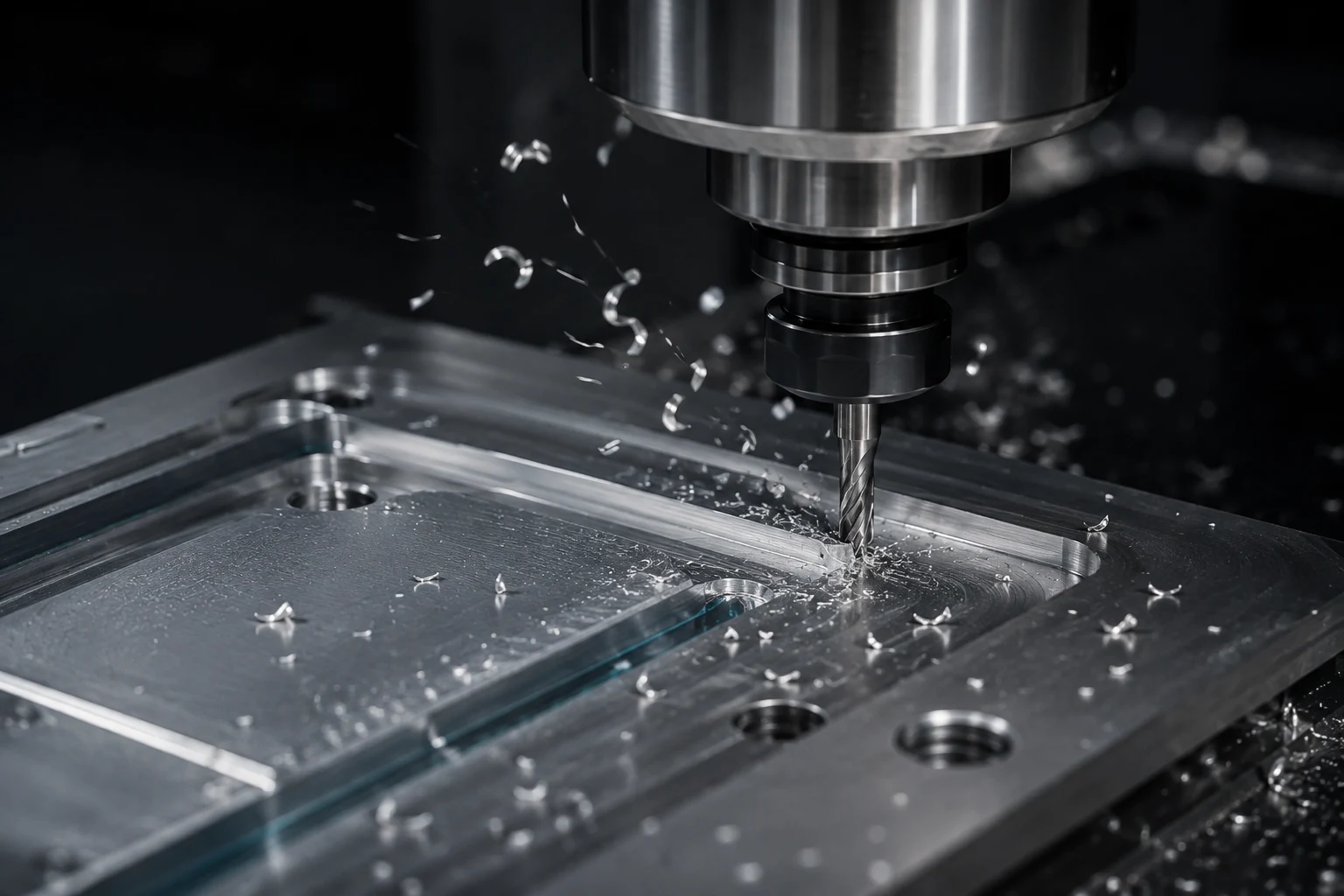 MATE 400 milling tool removing chips from an aluminium plate
